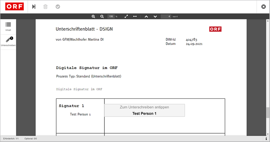 Fortgeschrittene Signatur am Unterschriftenblatt