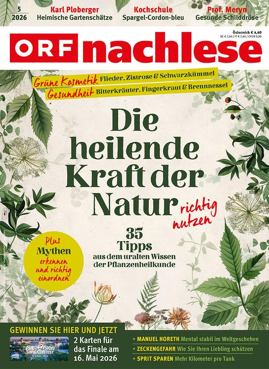 Das Cover einer ORF-nachlese-Ausgabe präsentiert das Thema Pflanzenheilkunde und zeigt verschiedene Kräuterillustrationen sowie Gewinnspielhinweise.