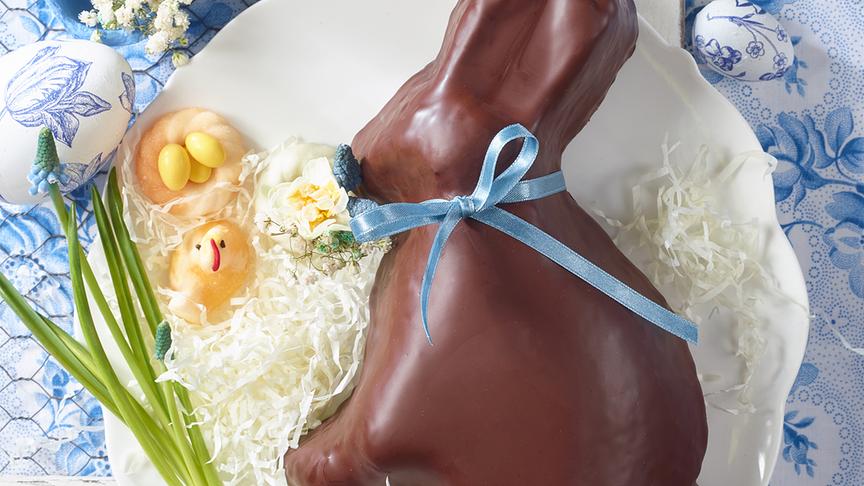 Ein schokoladenüberzogener Osterhase liegt dekorativ auf einem Teller mit Frühlings- und Ostermotiven.