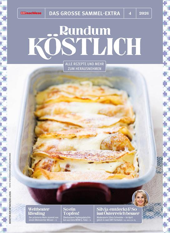 © Stockfood/Rita Newman Das Titelblatt eines Magazins zeigt eine Auflaufform mit überbackenen Palatschinken und den Schriftzug „Rundum köstlich“.