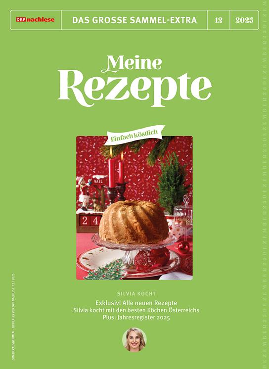 © Stephanie Golser Grüne Titelseite von "Meine Rezepte" mit festlich dekoriertem Gugelhupf und weihnachtlichem Hintergrund.