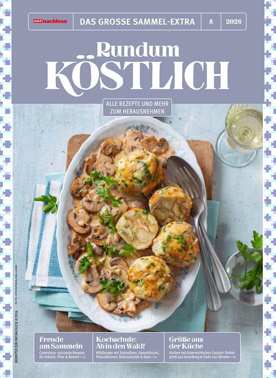 Das Titelbild von „Rundum Köstlich“ zeigt ein Pilzgericht mit Knödeln.