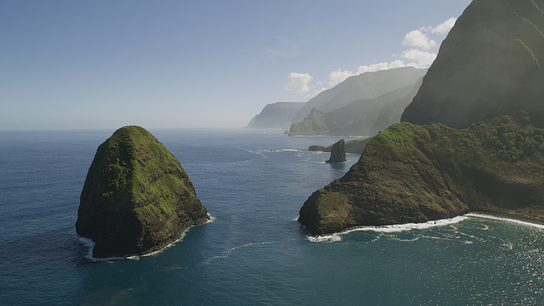 © ORF/Doclights GmbH/NDR Naturfilm/Mike Prikett/Lars Pfeiffer Die unberührte Nordküstenlandschaft Moloka’is mit grünen Felsen im tiefblauen Meer und steilen Klippen im Hintergrund
