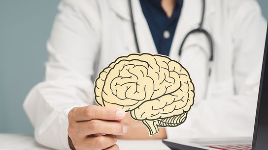 © iStock/Boonstudio Arzt hält eine Illustration eines menschlichen Gehirns neben einem Laptop.