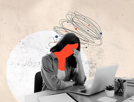 Eine grafische Illustration zeigt eine am Laptop sitzende Frau mit mentaler Überlastung.