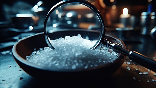 © 123RF/pannee99 Ein Lupe vergrößert grobe Zuckerkristalle in einer dunklen Holzschale.