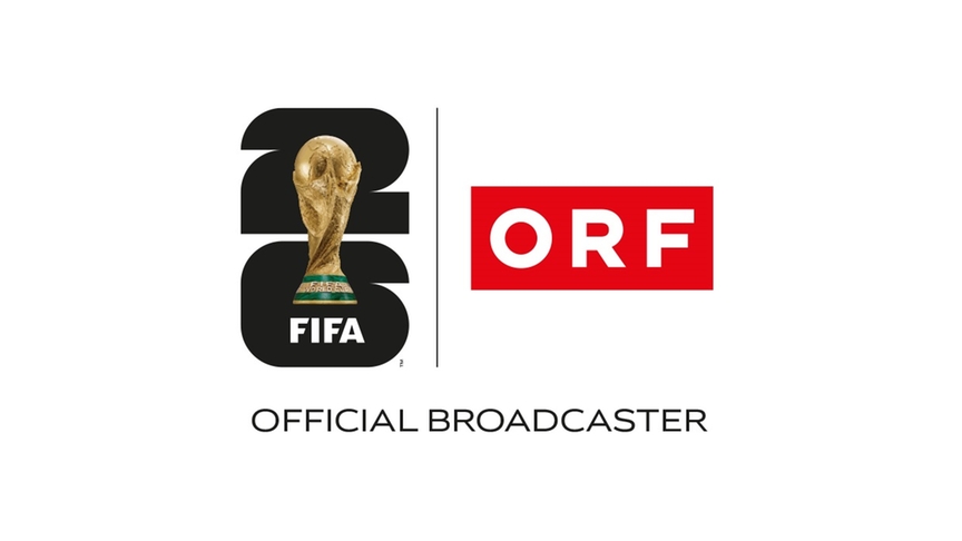 Zu sehen ist ein Logo mit der Aufschrift „FIFA 26 | ORF“ sowie dem Text „OFFICIAL BROADCASTER“, das den ORF als offiziellen Übertragungspartner ausweist.