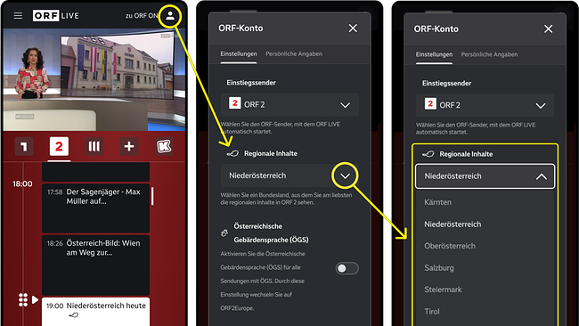 © ORF/Georg Kurzbauer Drei Bilder, die zeigen, wie man das Bundesland im ORF-Konto speichern kann