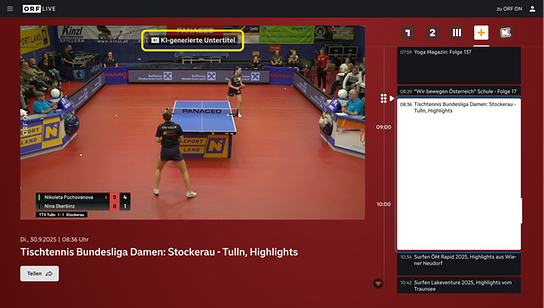 Screenshot von ORF LIve, der den Hinweis "KI-generierte Untertitel" im Player zeigt