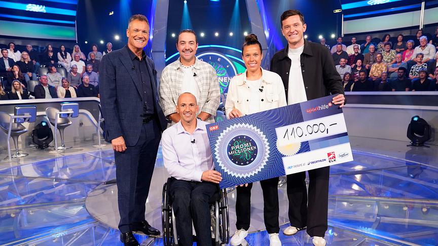 110.000 Euro für die Österreichische Sporthilfe bei Armin Assingers Promi-Sportler-Millionenshow: Armin Assinger, Valentin Bontus, Thomas Frühwirth, Nicole Billa, Michael Gregoritsch