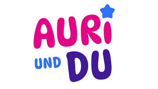 Logo mit der Aufschrift "AURI und DU" in pink, blau und violett, umgeben von einer weißen Kontur und einem kleinen blauen Stern auf weißem Hintergrund