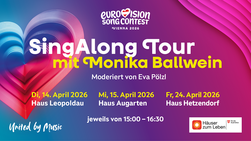 Ein farbenfrohes Plakat bewirbt eine „SingAlong Tour“ zur Eurovision 2026 mit Terminen in Wiener Häusern.