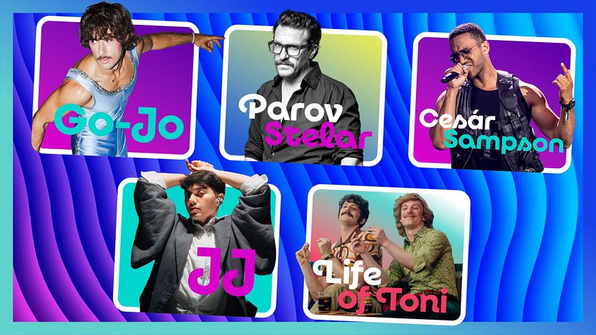 Eine bunte Event‑Grafik zeigt mehrere auftretende Acts mit verpixelten Gesichtern, darunter Go‑Jo, Parov Stelar, Cesár Sampson, JJ und Life of Toni, auf einem dynamisch gestalteten Hintergrund.