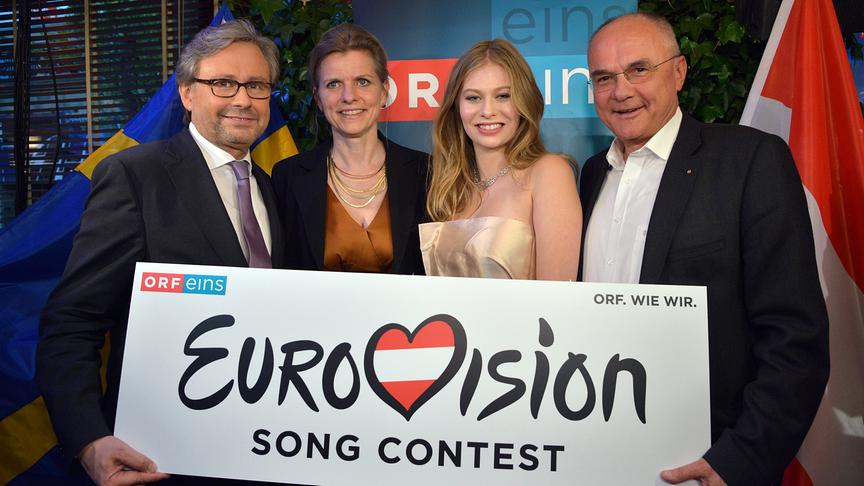 © ORF/Thomas Ramstorfer Farewell-Party zum "Eurovision Song Contest": Dr. Alexander Wrabetz (ORF-Generaldirektor), Helen Eduards (Botschafterin von Schweden und Ständige Vertreterin bei den Vereinten Nationen in Wien), ZOE, ORF-Unterhaltungschef Edgar Böhm