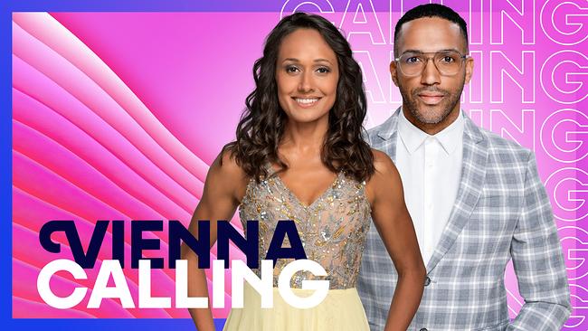 © ORF Alice Tumler and Cesár Sampson vor einer Grafik zu "Vienna Calling"