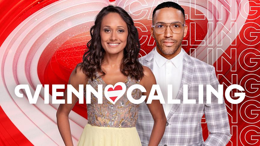 Alice Tumler and Cesár Sampson vor einer rot-weiß-roten Grafik zu "Vienna Calling"