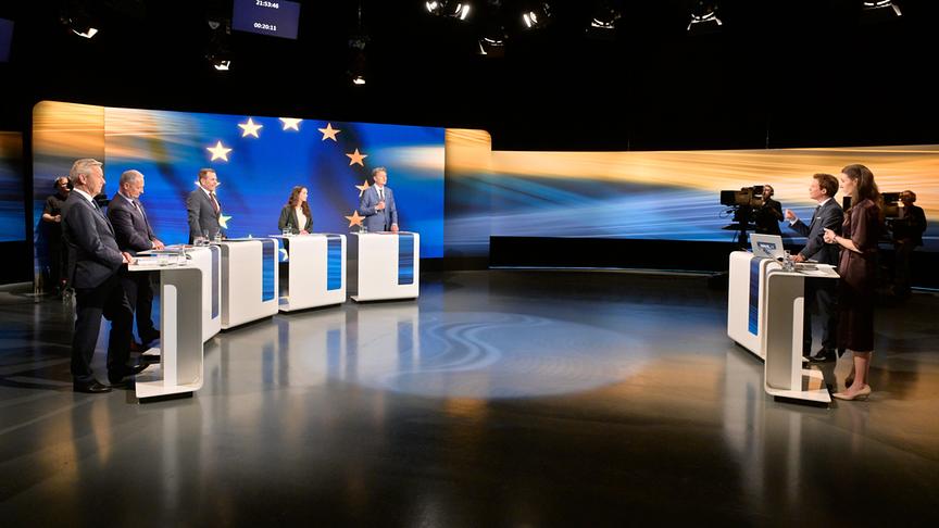 EU-Wahl: Diskussion der Spitzenkandidaten und -kandidatin: Reinhold Lopatka (ÖVP), Andreas Schieder (SPÖ), Harald Vilimsky (FPÖ), Lena Schilling (Die Grünen), Helmut Brandstätter (NEOS), Tobias Pötzelsberger, Raffaela Schaidreiter