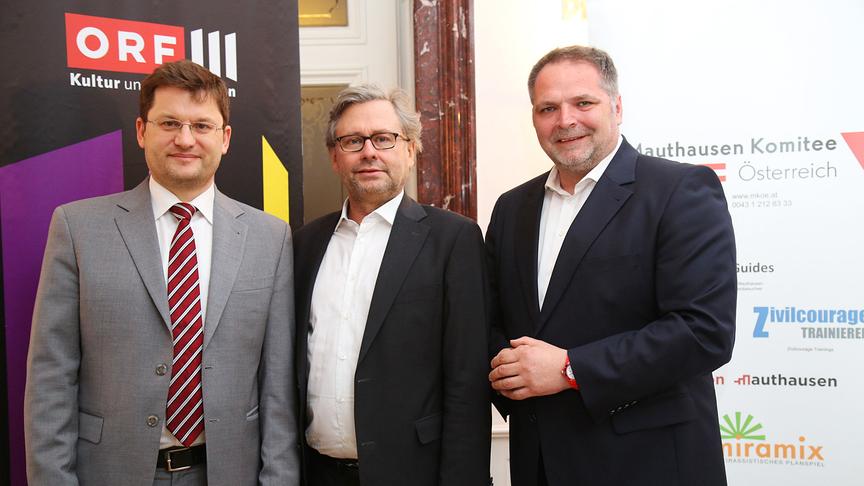 © ORF/MKÖ/APA-Fotoservice/Schedl Pressekonferenz "Fest der Freude": Johannes Neubert (Intendant der Wiener Symphoniker), ORF-Generaldirektor Dr. Alexander Wrabetz , Willi Mernyi (Vorsitzender des Mauthausen Komitee Österreich)
