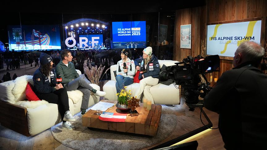 © ORF/Roman Zach-Kiesling FIS Alpine Ski WM 2025 Saalbach: Damen SuperG: Stephanie Venier, die bei der Ski-WM in Saalbach mit Gold im Super-G überraschend für die erste österreichische Medaille gesorgt hat, ist zu Gast bei Lukas Schweighofer im ORF WM-Studio.