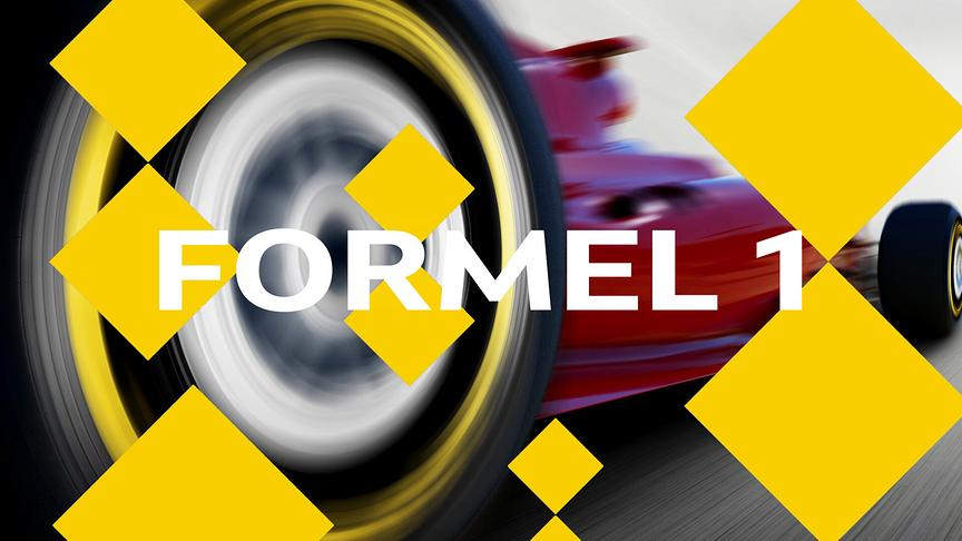 Dynamische Grafik mit einem rasenden roten Formel-1-Wagen im Hintergrund, gelben Designelementen und dem Schriftzug „FORMEL 1“.