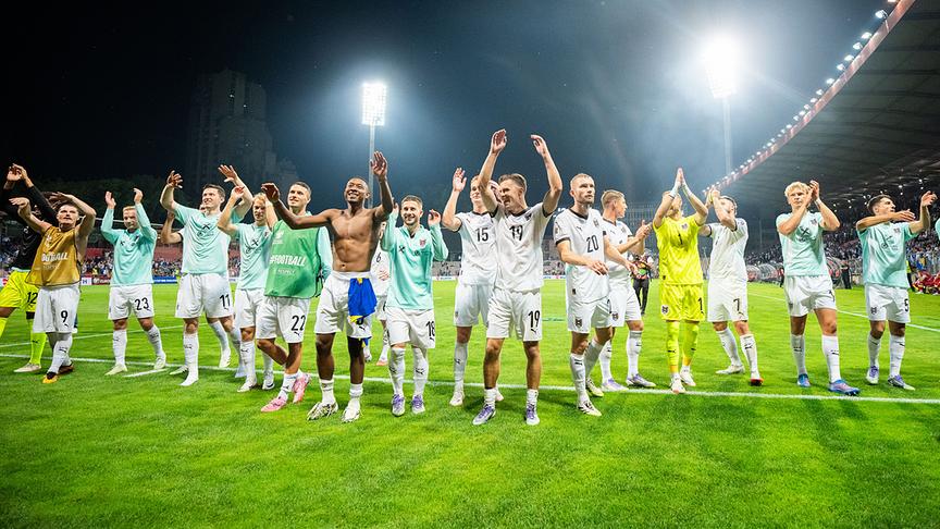 © APA/GEORG HOCHMUTH Spieler der österreichischen Nationalmannschaft jubeln am Dienstag, 09. September 2025, nach Ende des Spiels zur WM-Qualifikation, Gruppe H, 6. Runde, zwischen Bosnien-Herzegowina und Österreich in Zenica.