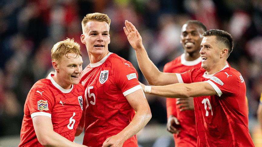 Philipp Lienhart (AUT) jubelt mit Nicolas Seiwald (AUT, L) und Christoph Baumgartner (AUT, R) beim 2:0 am Donnerstag, 10. Oktober 2024, anl. des Nations-League-Spieles der Liga B, Gruppe 3, 3. Runde, zwischen Österreich und Kasachstan in Linz.