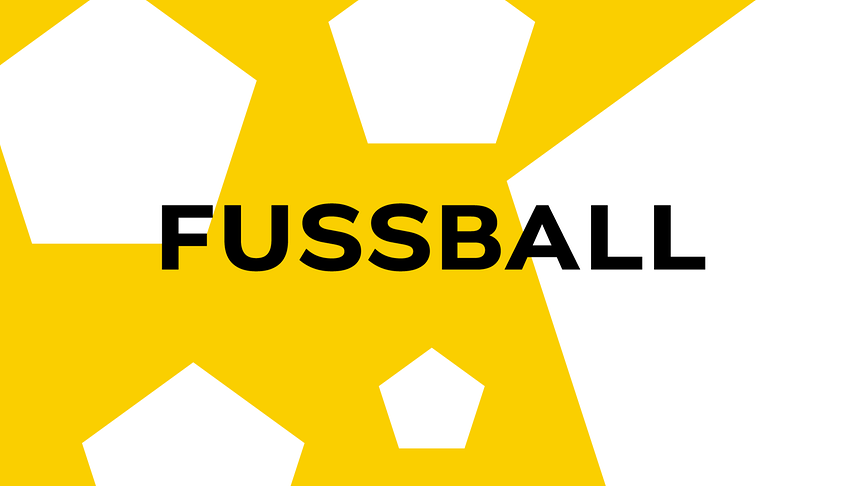 Eine gelbe Grafik mit stilisierten Fußballformen zeigt mittig den schwarzen Schriftzug „FUSSBALL“.