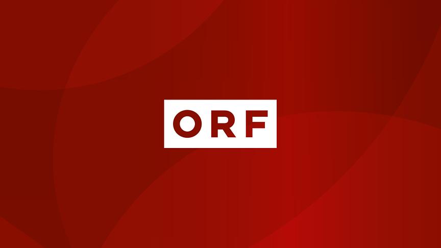 ORF-Ziegel: Das ORF-Logo steht zentral auf einem dunkelroten, grafisch gestalteten Hintergrund.