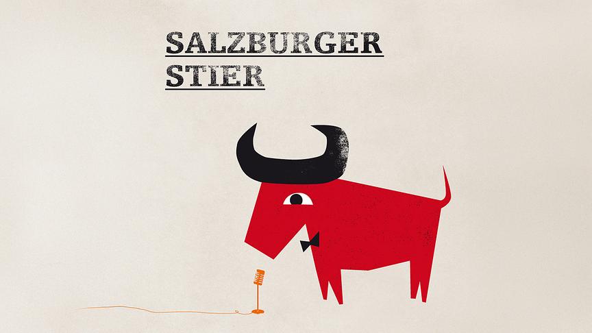 © ORF/Ö1 Eine stilisierte rote Stier‑Illustration steht vor einem Mikrofon, darüber der Schriftzug „Salzburger Stier“.