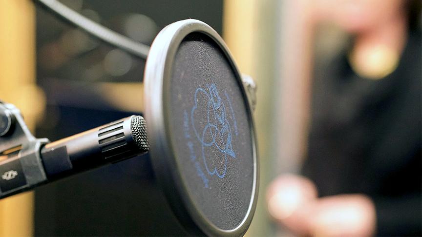 Mikrofon mit Popfilter in einem Studio, im Hintergrund unscharf eine Person.