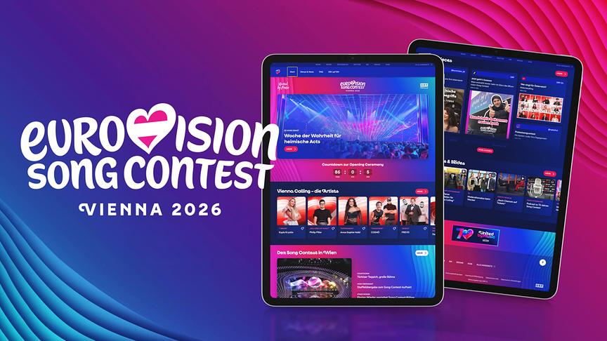 Eine farbenfrohe Grafik bewirbt den „Eurovision Song Contest Vienna 2026“ und zeigt daneben zwei Tablets mit der entsprechenden ESC-Webseite/App.