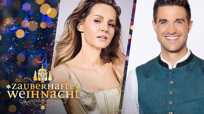 Ein festliches Werbebild für „Zauberhafte Weihnacht“ zeigt Melissa Naschenweng im goldenen Kleid und Dominik Glöbl in Trachtenweste vor weihnachtlich funkelndem Hintergrund.
