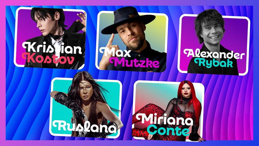 Bunte Grafik mit fünf stilisierten Porträtkarten von Kristian Kostov, Max Mutzke, Alexander Rybak, Ruslana und Miriana Conte, jeweils mit farbigem Hintergrund und eingeblendeten Namen.