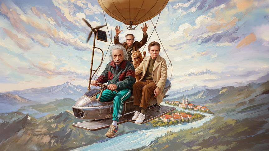 Albert Einsteinzwei weitere Männer und eine Katze fliegen mit einem fantasievollen, ballongetragenen Fluggerät über eine gemalte Berg- und Flusslandschaft.