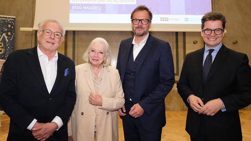 © ORF/Hans Leitner ORF-Topos-Dokumentation „Plötzlich International – Österreich und die Alliierten“ im Haus der Industrie: Oliver Rathkolb, Susanne Kirnbauer-Bundy, Gerald Heidegger, Christoph Neumayer präsentiert