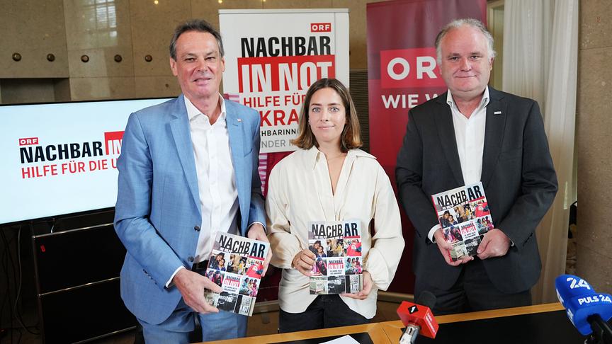 © ORF/Roman Zach Kiesling Bilanz NACHBAR IN NOT: Michael Opriesnig (Generalsekretär des Österreichischen Roten Kreuzes und Vorstand von NACHBAR IN NOT), Lisa Zuckerstätter (ORF-Leiterin Humanitarian Broadcasting), Andreas Knapp (Auslandshilfegeneralsekretär der Caritas Österreich und Vorstandsvorsitzender der NACHBAR IN NOT Stiftung)
