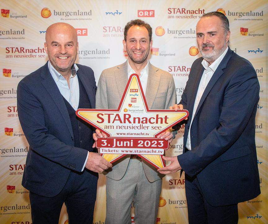 © ORF/IpMedia/Peter Krivograd „Starnacht am Neusiedler See“ am 3. Juni in ORF 2: Martin Ramusch (IpImedia), Florian Illich (ORF-Sendungsverantwortlicher), Landeshauptmann Hans Peter Doskozil