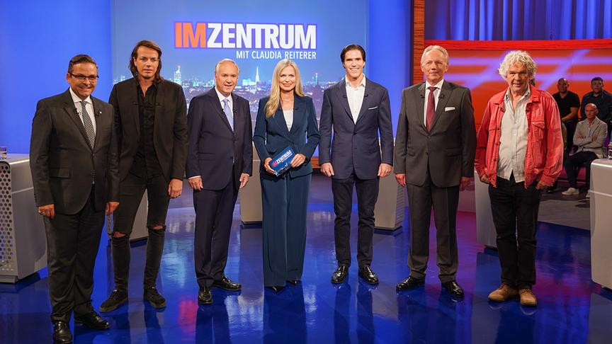 "IM ZENTRUM Spezial - Die Diskussion zur Bundespräsidentenwahl": Im Bild: Gerald Grosz; Dominik Wlazny ; Walter Rosenkranz; Claudia Reiterer ; Tassilo Wallentin;Michael Brunner;Heinrich Staudinger