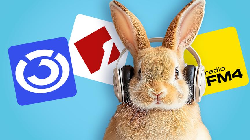 © ORF/Adobe Stock Ein Hase mit Kopfhörern sitzt vor buntem Hintergrund, flankiert von Logos der ORF-Radios Ö1, Ö3 und FM4