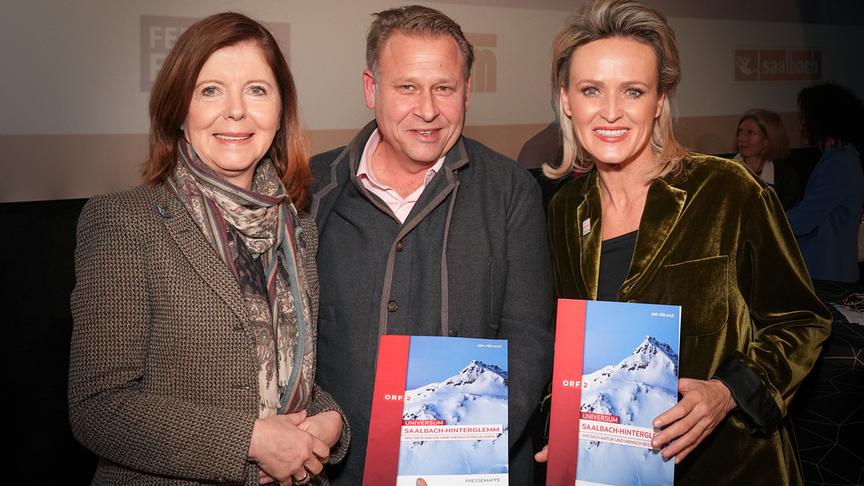 Präsentation "Universum: Saalbach-HInterglemm - Wo sich Natur und Mensch begegnen": Waltraud Langer (ORF-Landesdirektorin Salzburg), Interspot-Geschäftsführer Nils Klingohr, Alexandra Meissnitzer