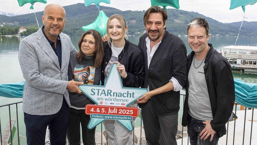 © ORF/IP Media/Peter Krivograd „Starnacht am Wörthersee“ am 5. Juli in ORF 2 und auf ORF ON: ipmedia-Eigentümer Martin Ramusch, Romina (Alle Achtung), Julia Steen, Stani & Robert (Alle Achtung)