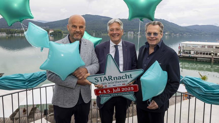 © ORF/IP Media/Peter Krivograd „Starnacht am Wörthersee“ am 5. Juli in ORF 2 und auf ORF ON: ipmedia-Eigentümer Martin Ramusch, Landeshauptmann Peter Kaiser, ORF-Unterhaltungschef Martin Gastinger