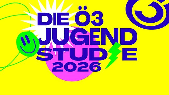 Eine bunte Grafik mit gelbem Hintergrund bewirbt die „Ö3 Jugendstudie 2026“ mit auffälliger Typografie, Smileys und Blitzsymbolen.