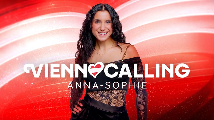 Anna-Sophie vor einer rot-weiß-roten Grafik zu "Vienna Calling"