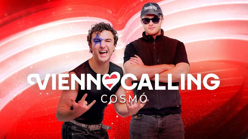 Cosmó (2 Männer) vor einer rot-weiß-roten Grafik zu "Vienna Calling"