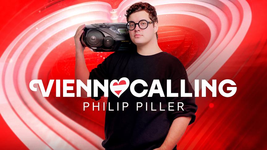 Philip Piller vor einer rot-weiß-roten Grafik zu "Vienna Calling"