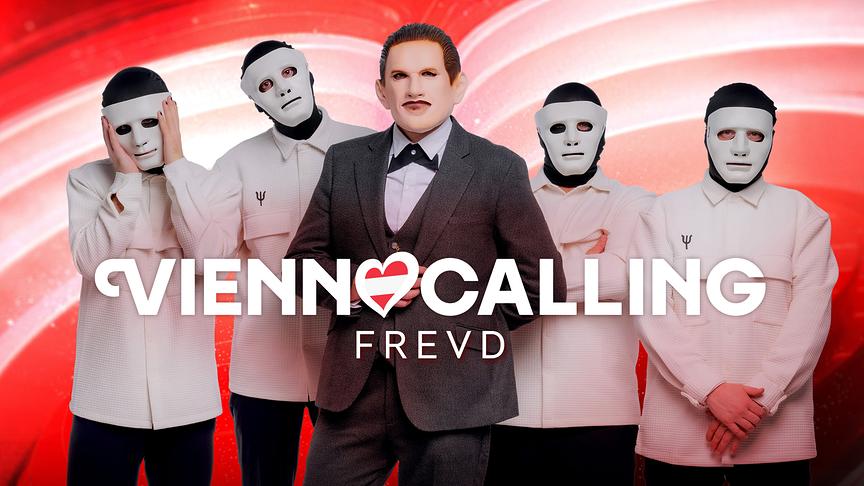 Die Gruppe Frevd (fünf Personen) vor einer rot-weiß-roten Grafik zu "Vienna Calling"