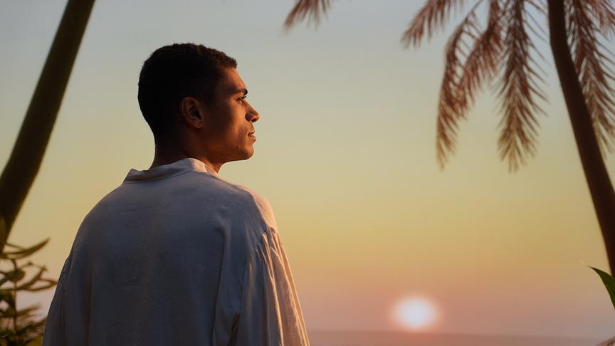 © ORF/Dots&Circles/Stefanie Daubek Jeremias Amoore als Lionel Romney steht im Profil und blickt bei Sonnenuntergang Richtung Meer, eingerahmt von Palmen.