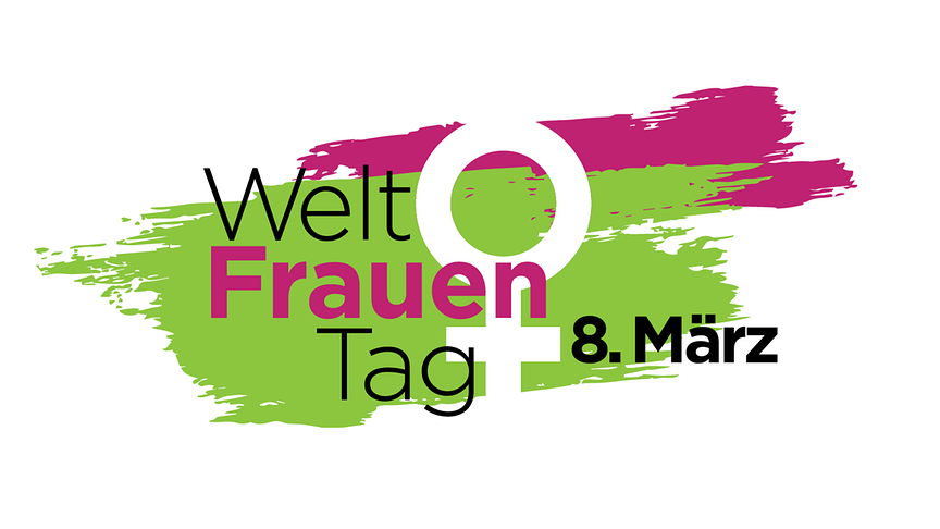 © ORF Eine grafische Illustration mit dem Schriftzug „Weltfrauentag – 8. März“ vor einem pink-grünen Farbpinselstrich und einem weiblichen Symbol.