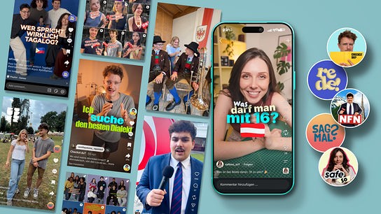 Eine farbenfrohe Collage zeigt Social-Media-Videos und Logos verschiedener ORF-Angebote für junge Zielgruppen.